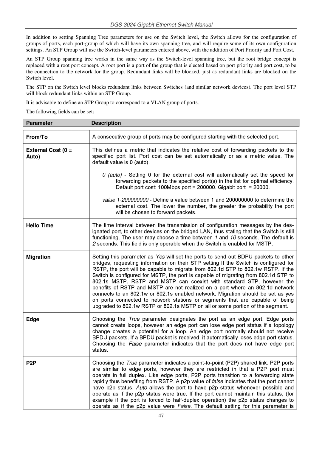 D-Link DSL-G604T manual Parameter Description From/To, External Cost 0 =, Auto, Hello Time, Migration, Edge 