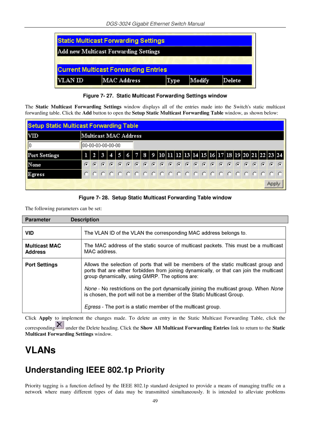 D-Link DSL-G604T manual VLANs, Understanding Ieee 802.1p Priority, Multicast MAC, Address, Port Settings 