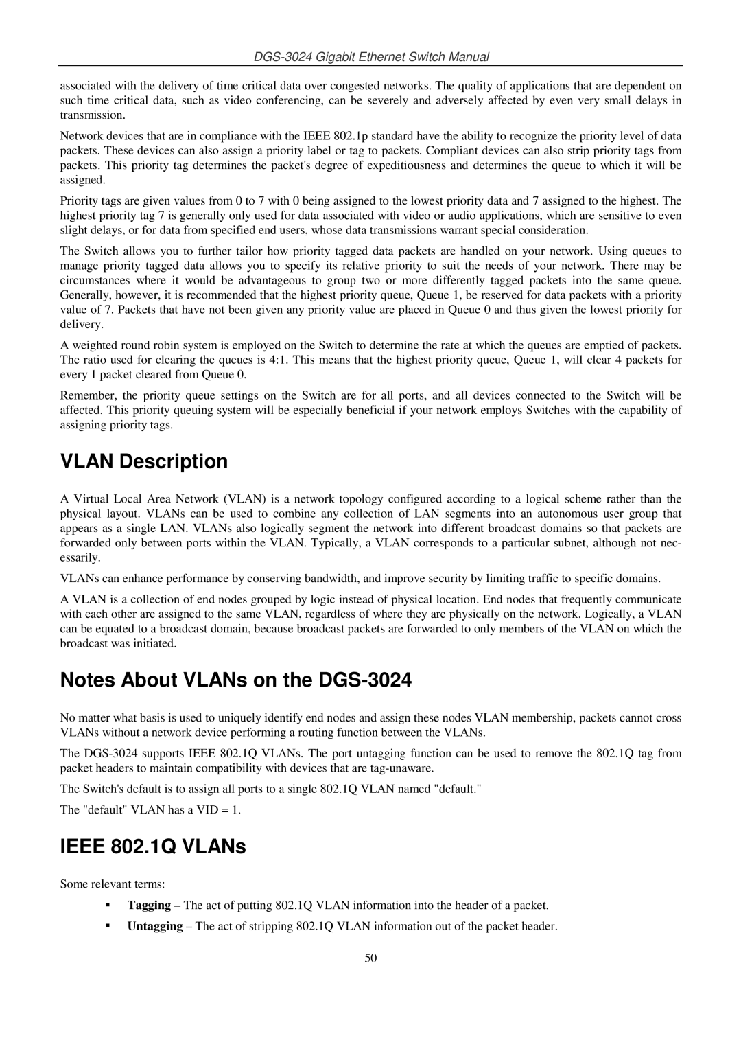 D-Link DSL-G604T manual Vlan Description, Ieee 802.1Q VLANs 