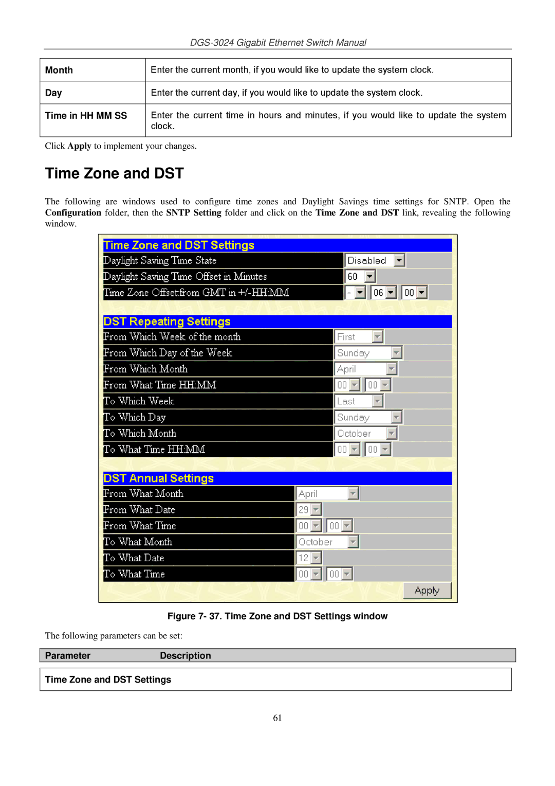 D-Link DSL-G604T manual Month, Day, Time in HH MM SS, ParameterDescription Time Zone and DST Settings 