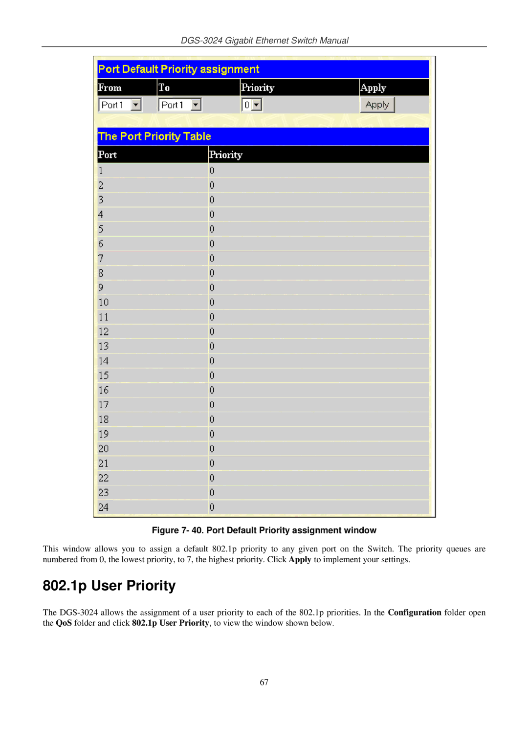 D-Link DSL-G604T manual 802.1p User Priority, Port Default Priority assignment window 