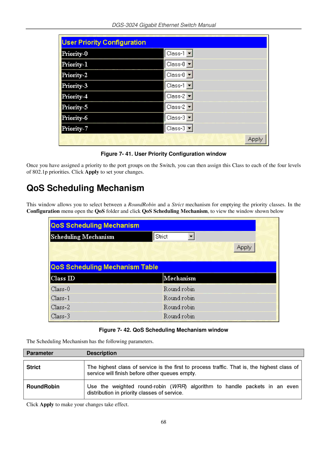 D-Link DSL-G604T manual QoS Scheduling Mechanism, Parameter Description Strict, RoundRobin 