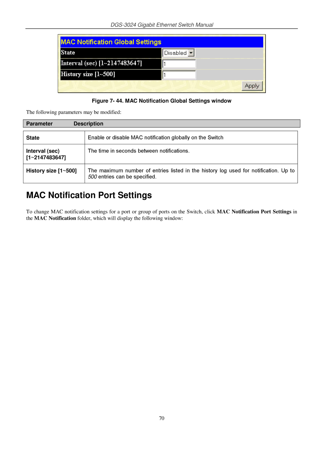 D-Link DSL-G604T MAC Notification Port Settings, Parameter Description State, Interval sec, ~2147483647 History size 1~500 