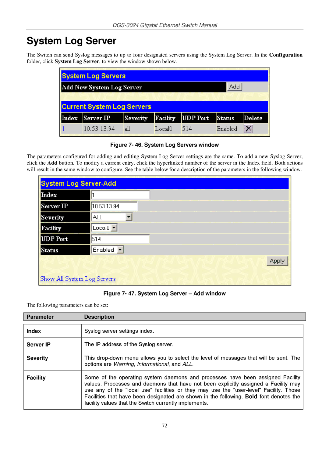 D-Link DSL-G604T manual System Log Server, Parameter Description Index, Server IP, Severity, Facility 