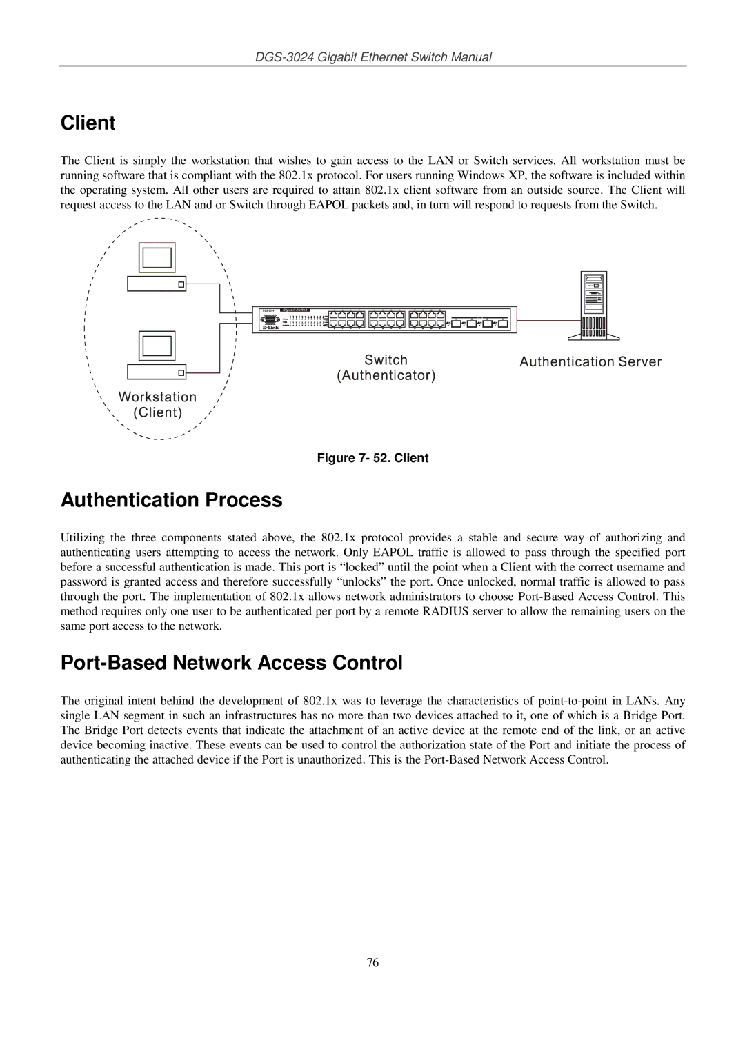 D-Link DSL-G604T manual Client, Authentication Process, Port-Based Network Access Control 