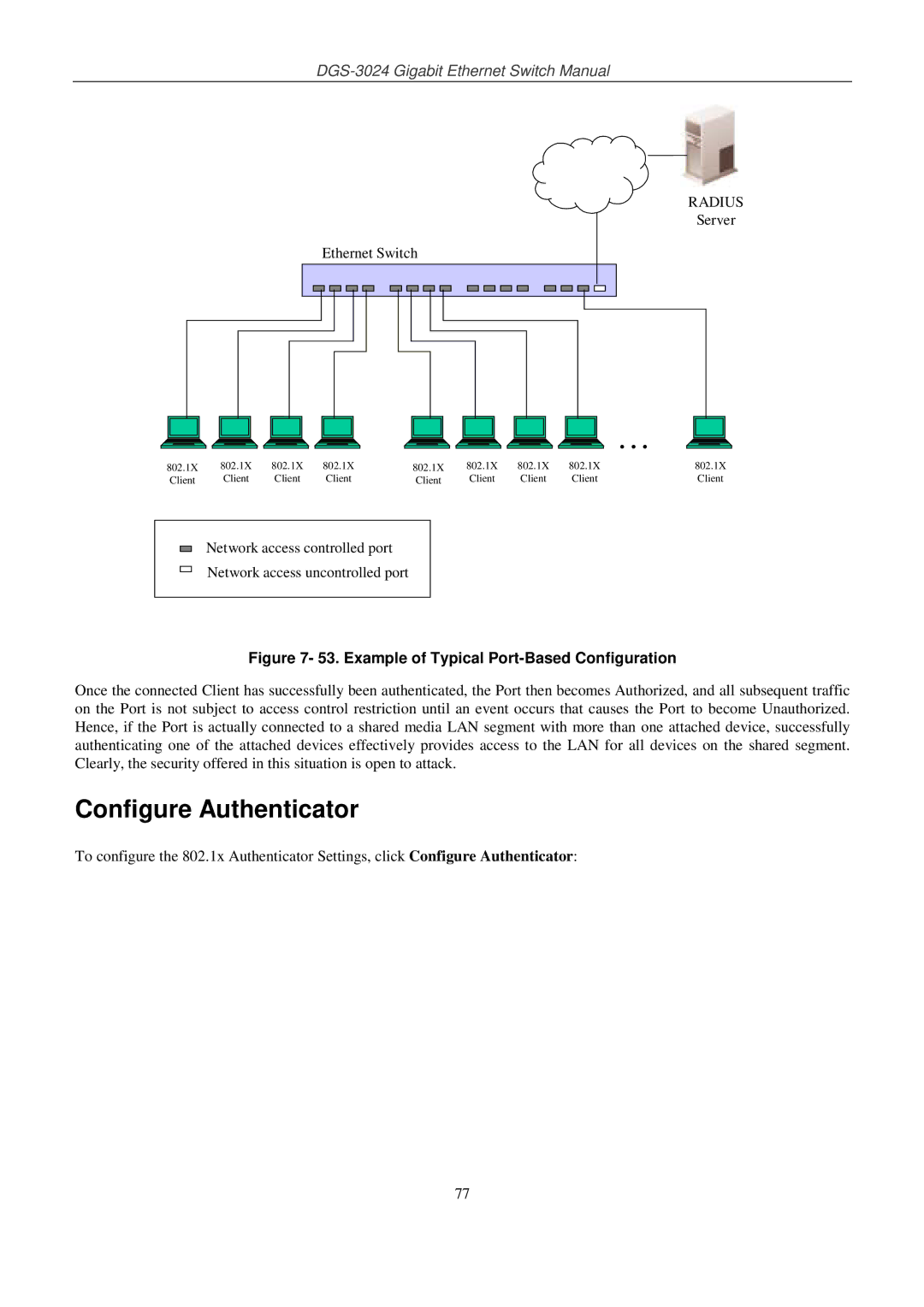 D-Link DSL-G604T manual Configure Authenticator, Example of Typical Port-Based Configuration 