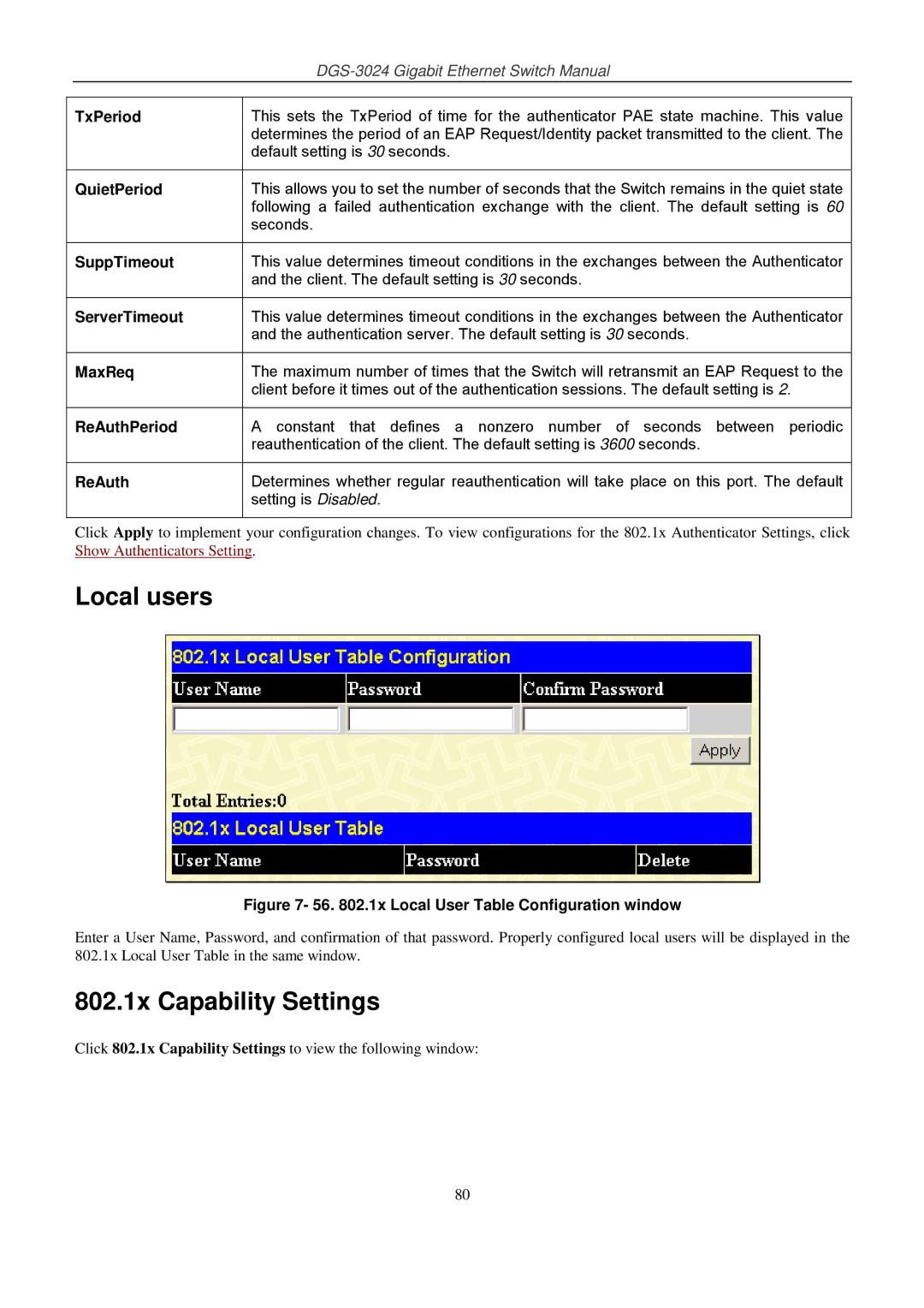 D-Link DSL-G604T manual Local users, 802.1x Capability Settings 