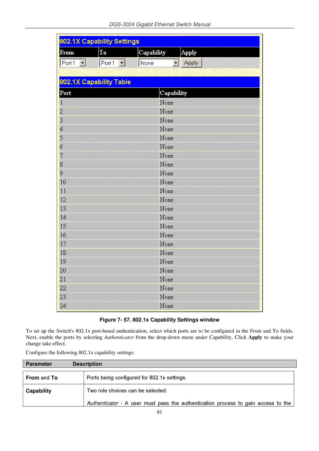 D-Link DSL-G604T manual 57 .1x Capability Settings window 