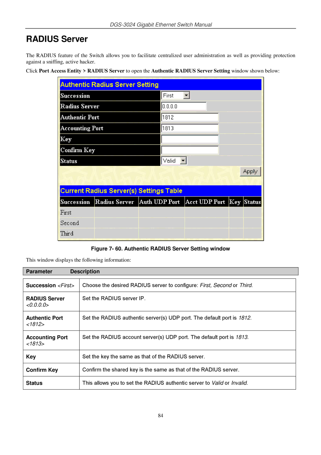 D-Link DSL-G604T manual Radius Server, Status 