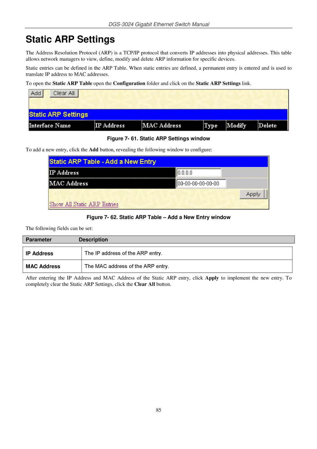 D-Link DSL-G604T manual Static ARP Settings window 