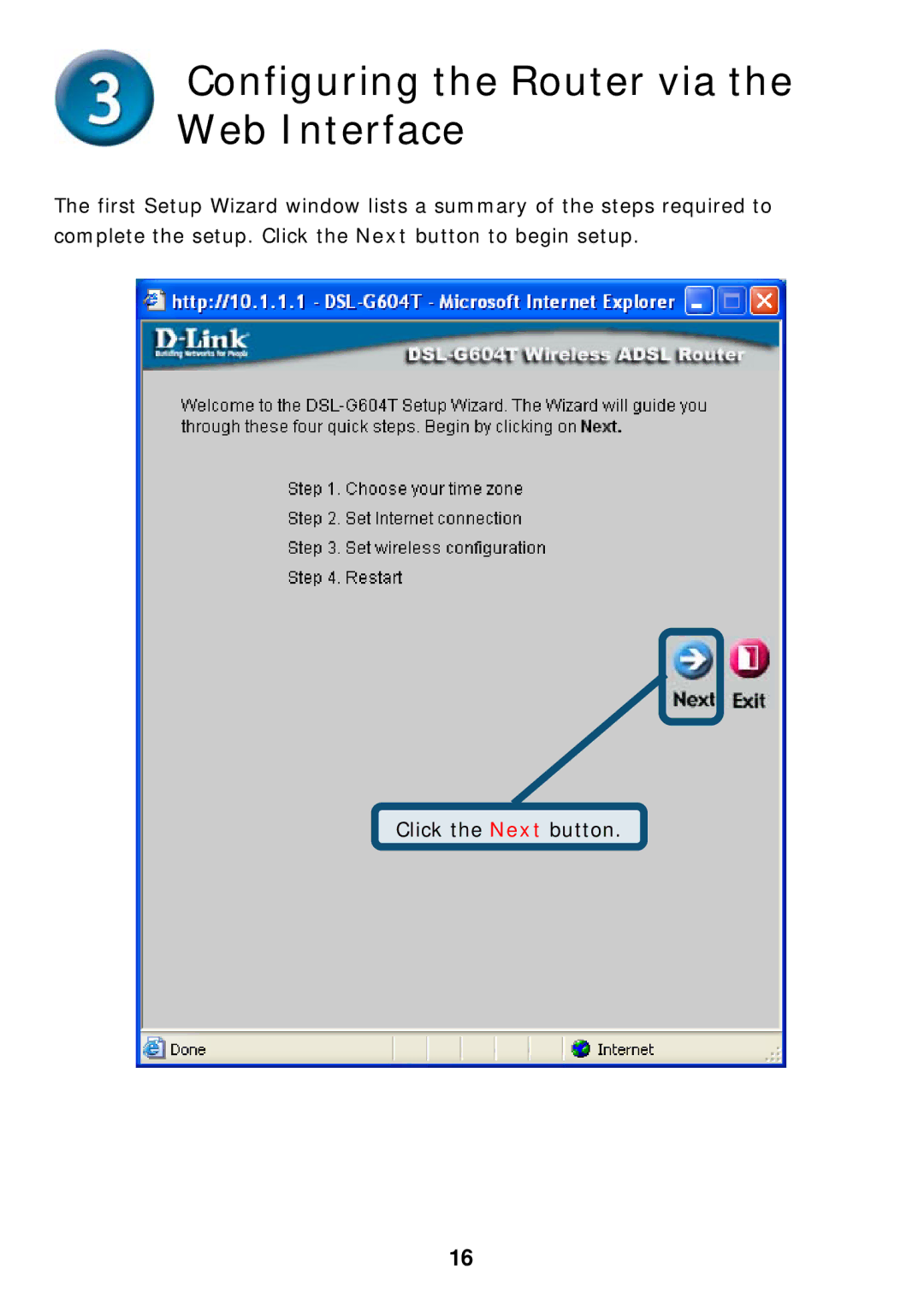 D-Link DSL-G604T specifications Click the Next button 