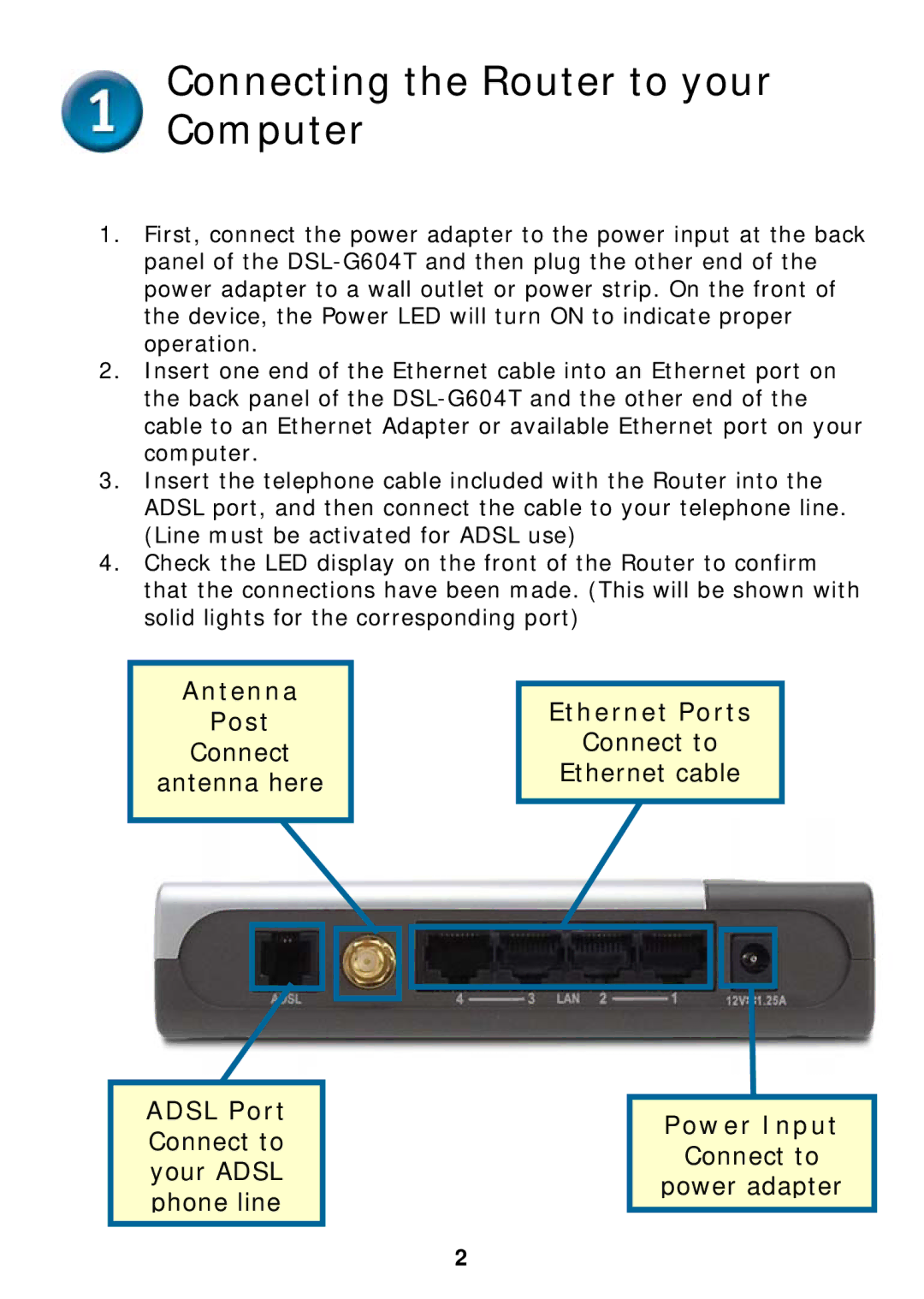 D-Link DSL-G604T specifications Connecting the Router to your Computer 