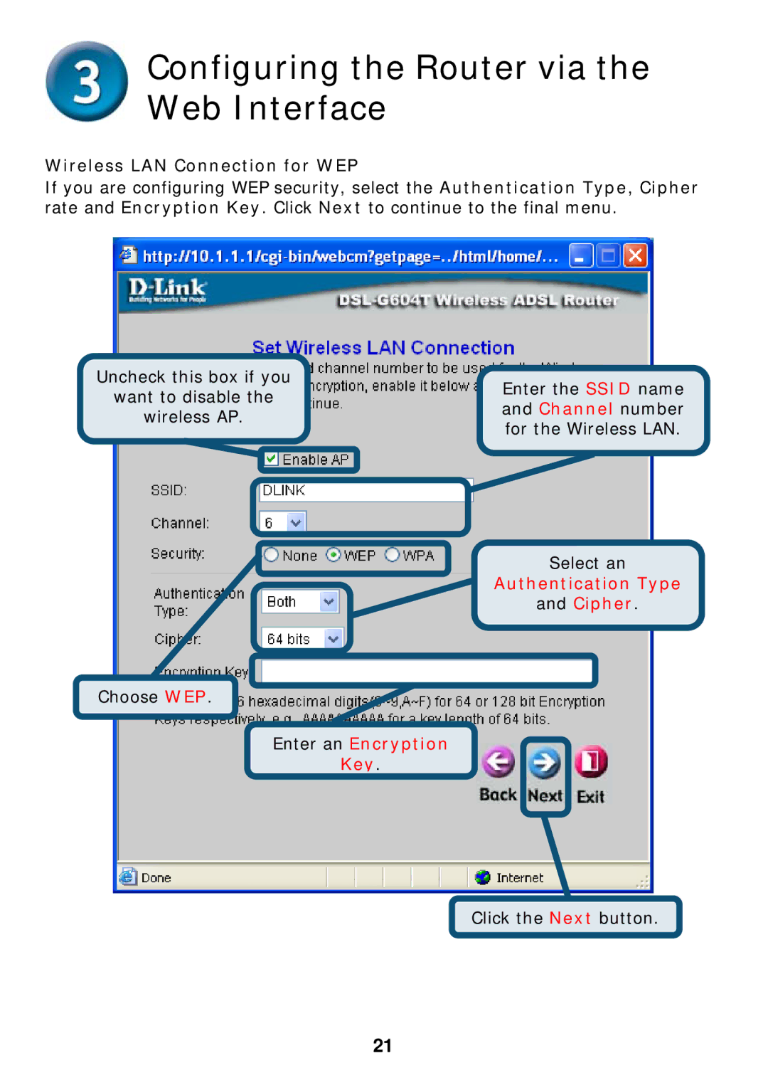 D-Link DSL-G604T specifications Wireless LAN Connection for WEP 