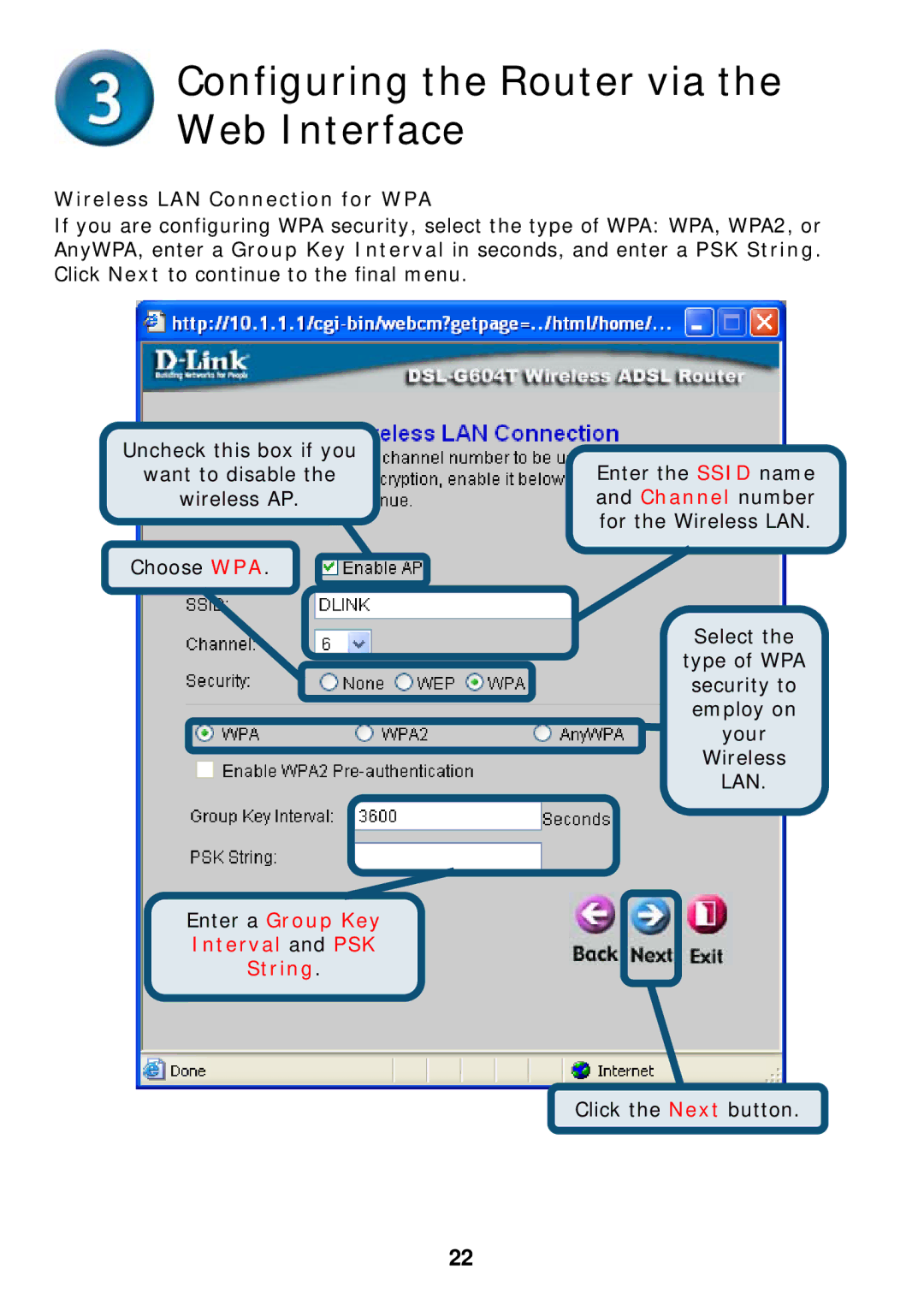 D-Link DSL-G604T specifications Wireless LAN Connection for WPA, Enter a Group Key Interval and PSK String 