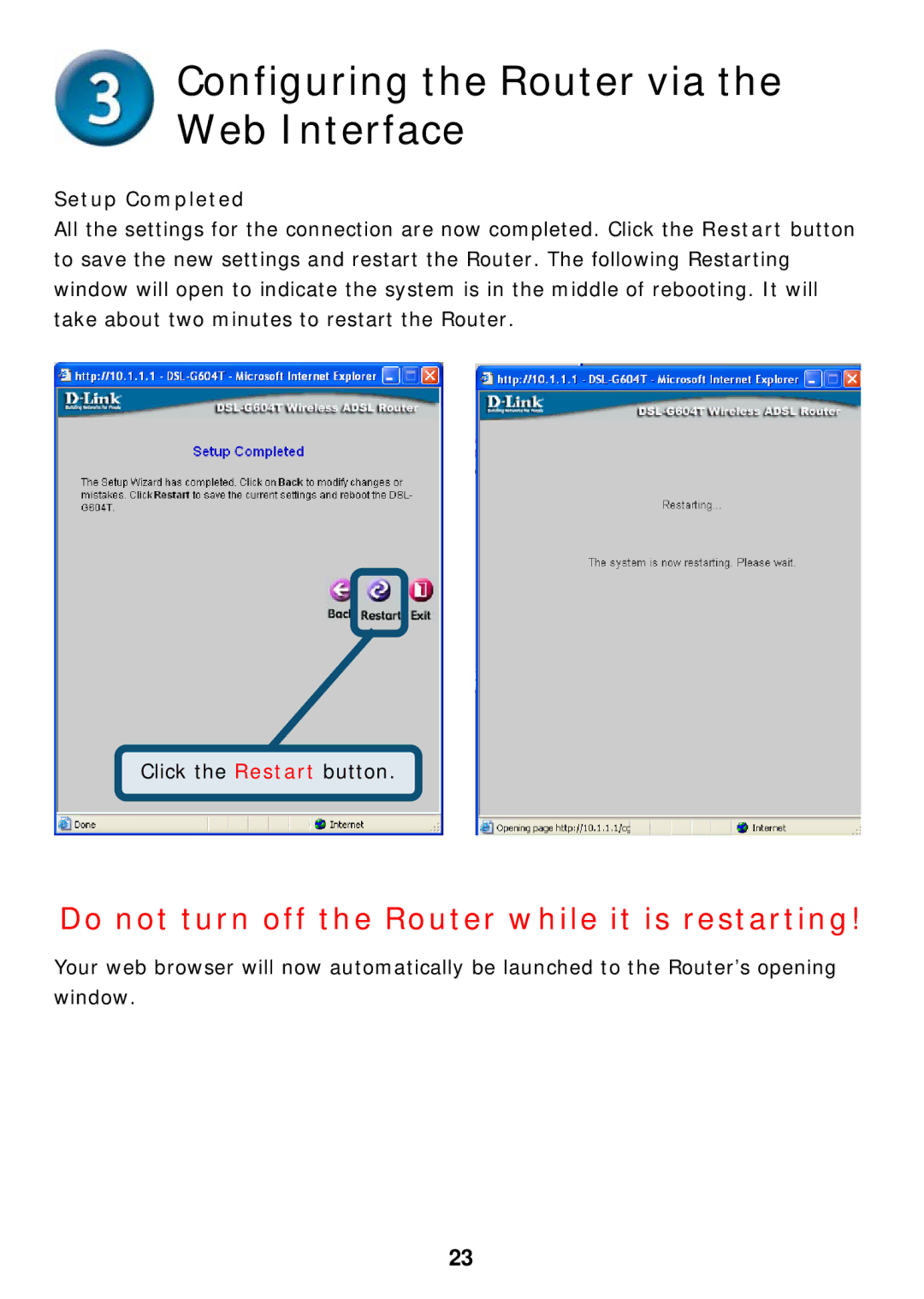 D-Link DSL-G604T specifications Setup Completed 