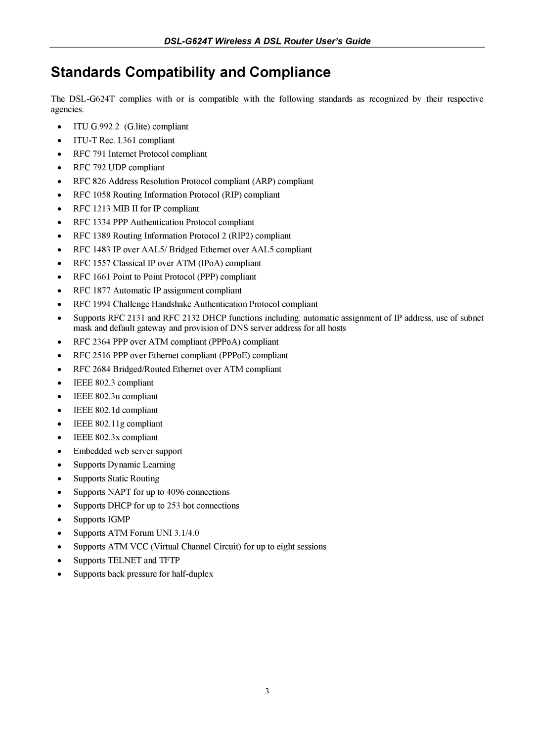 D-Link D-Link Wireless ADSL Router, DSL-G624T manual Standards Compatibility and Compliance 