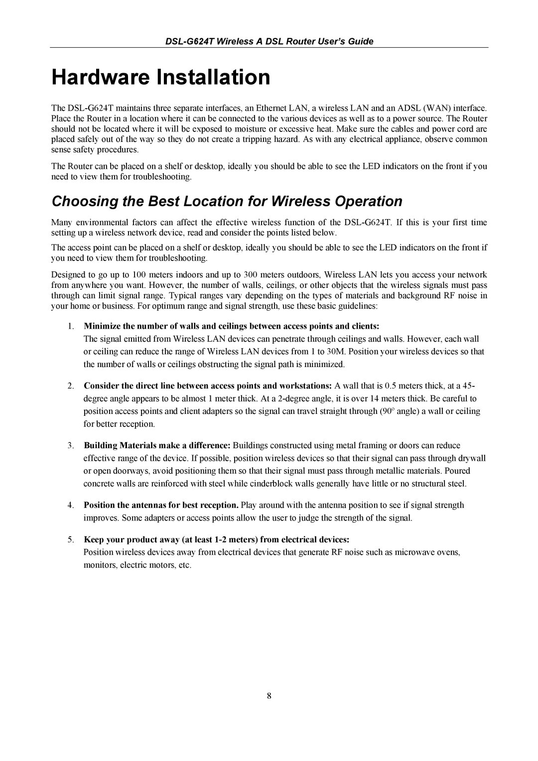 D-Link DSL-G624T, D-Link Wireless ADSL Router Hardware Installation, Choosing the Best Location for Wireless Operation 