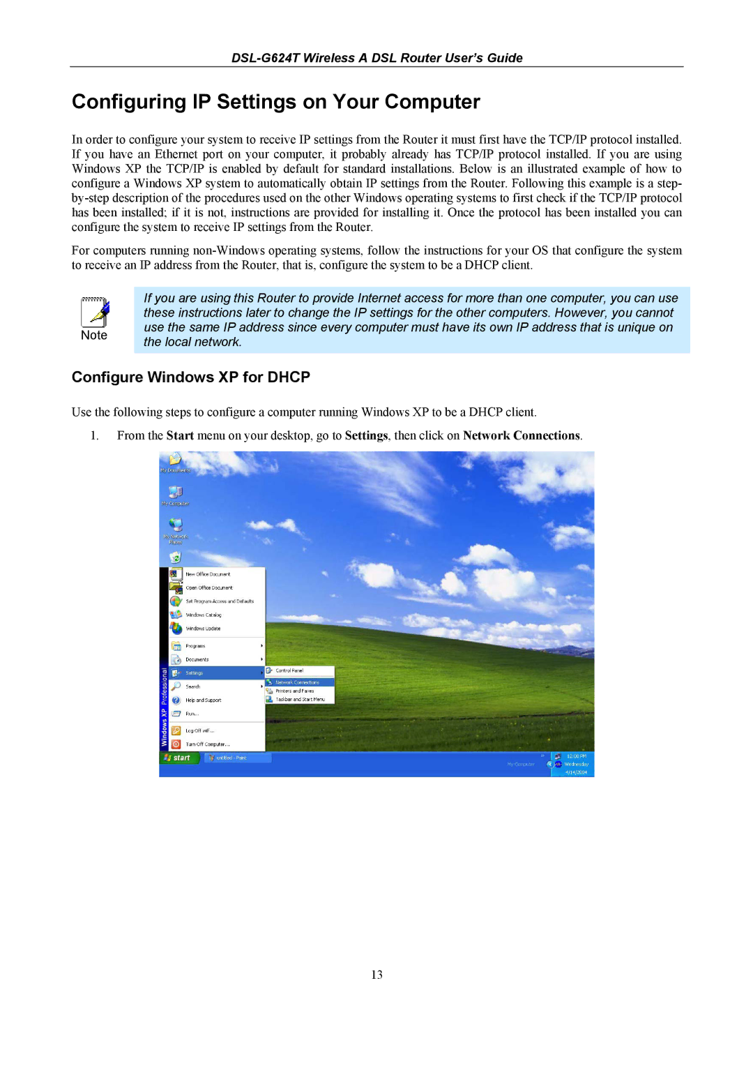 D-Link D-Link Wireless ADSL Router, DSL-G624T manual Configuring IP Settings on Your Computer, Configure Windows XP for Dhcp 