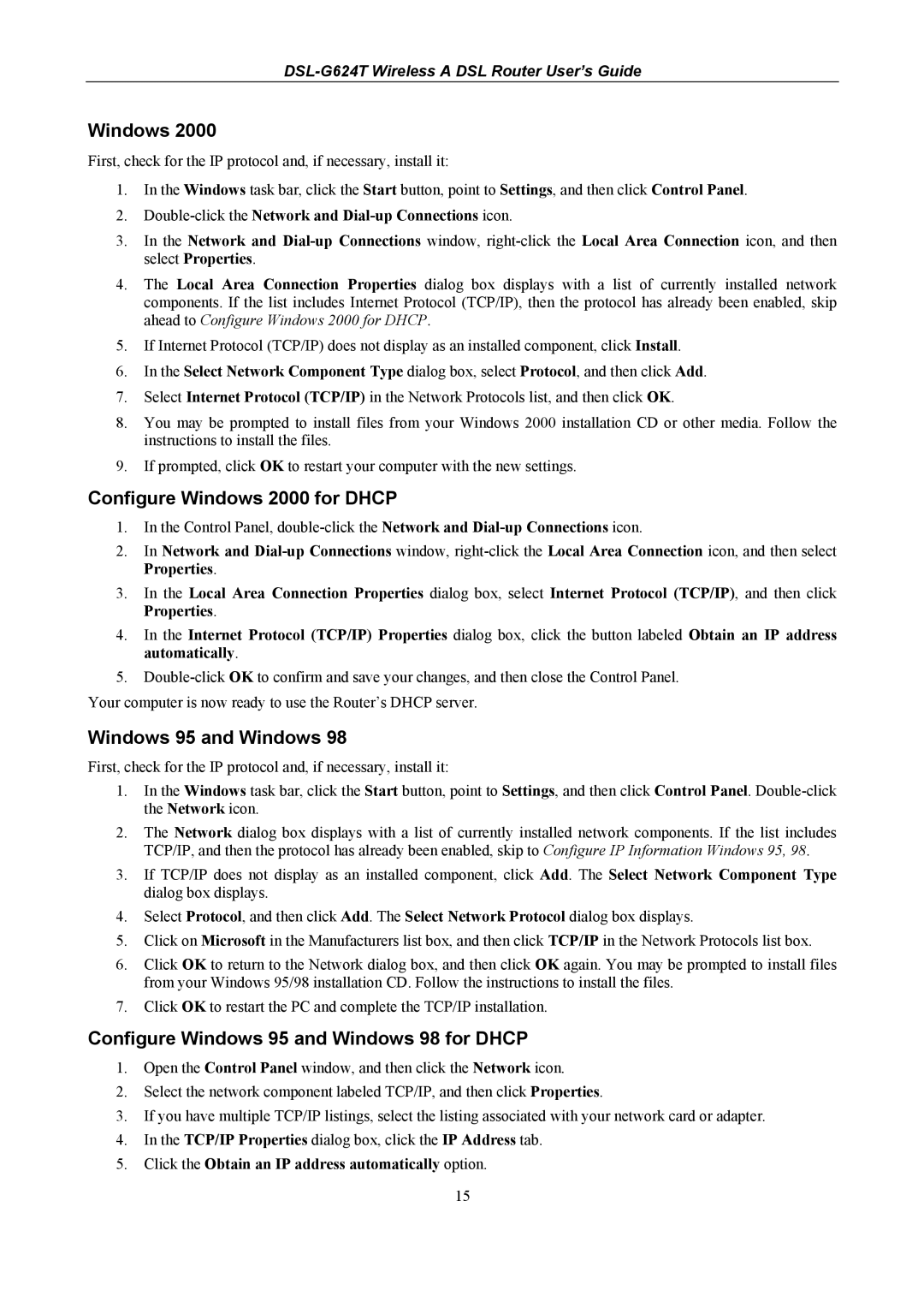 D-Link D-Link Wireless ADSL Router, DSL-G624T manual Configure Windows 2000 for Dhcp, Windows 95 and Windows 