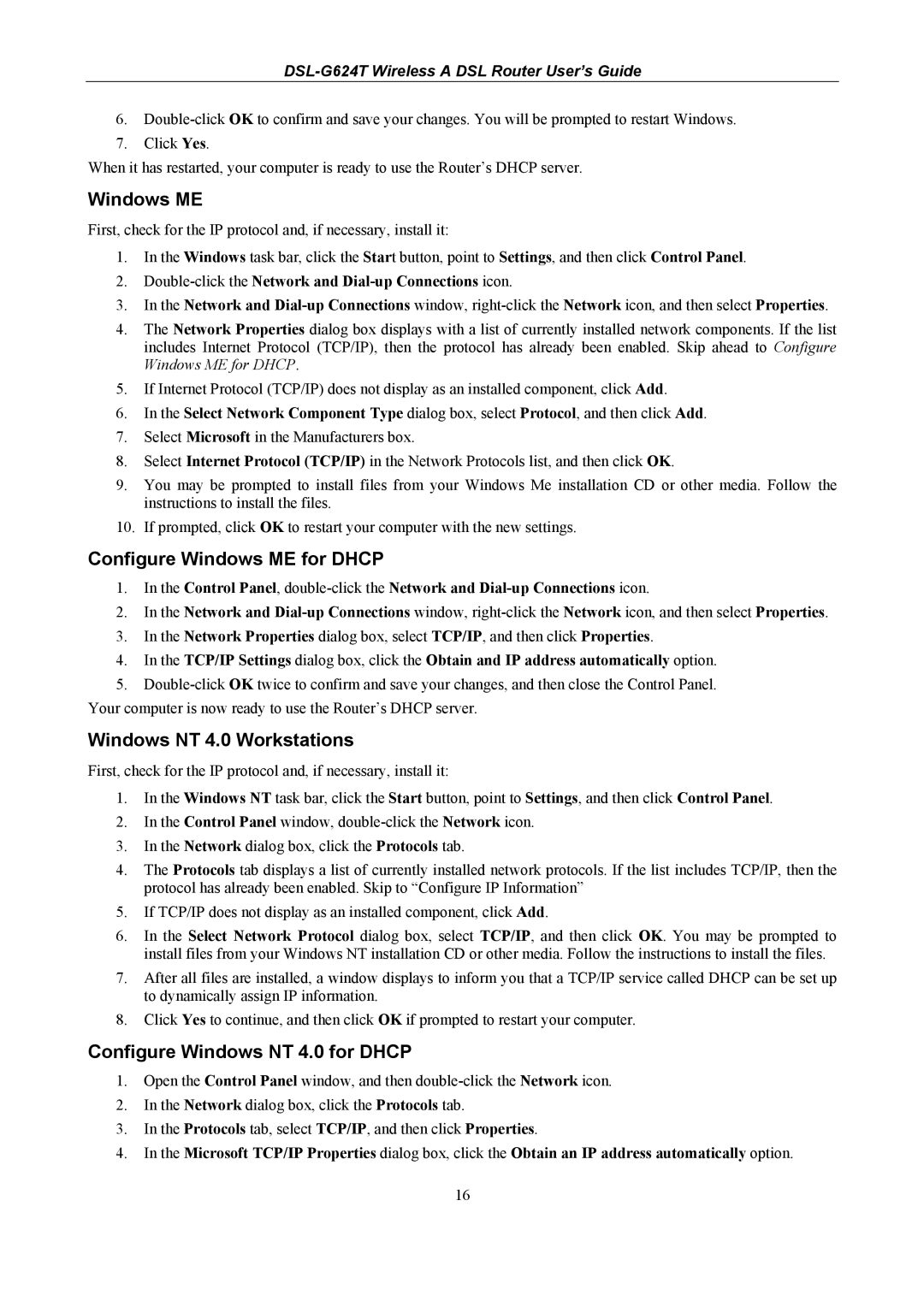 D-Link DSL-G624T manual Configure Windows ME for Dhcp, Windows NT 4.0 Workstations, Configure Windows NT 4.0 for Dhcp 