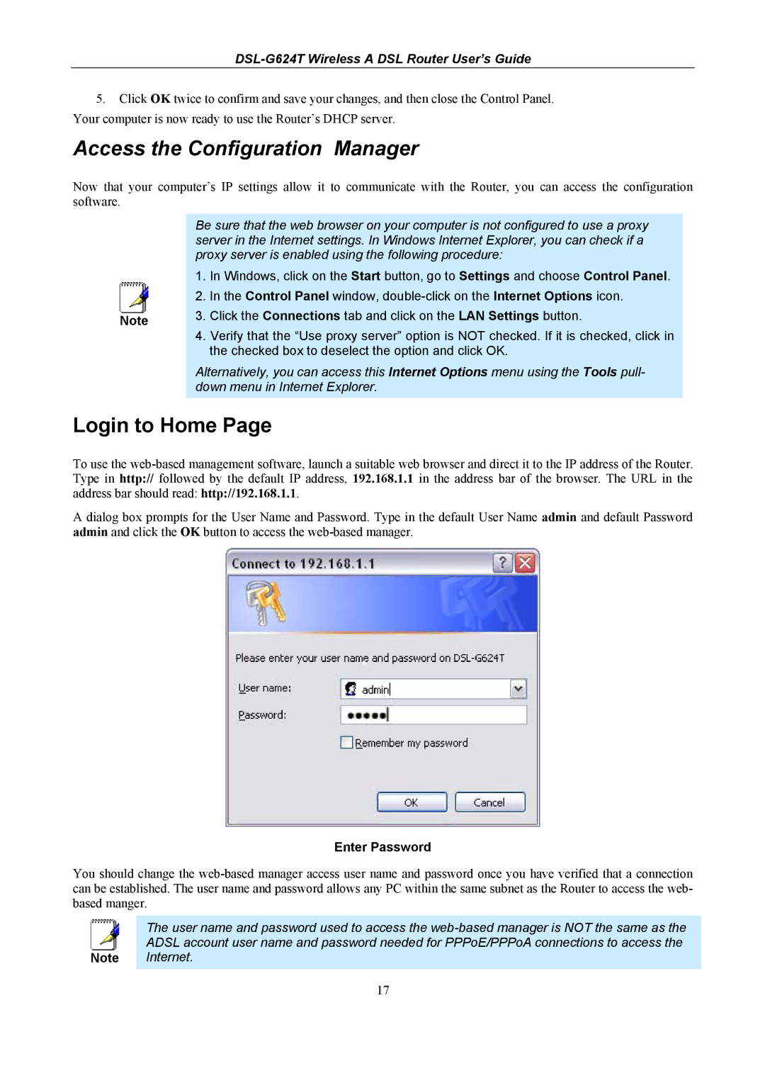 D-Link D-Link Wireless ADSL Router, DSL-G624T manual Access the Configuration Manager, Login to Home, Enter Password 