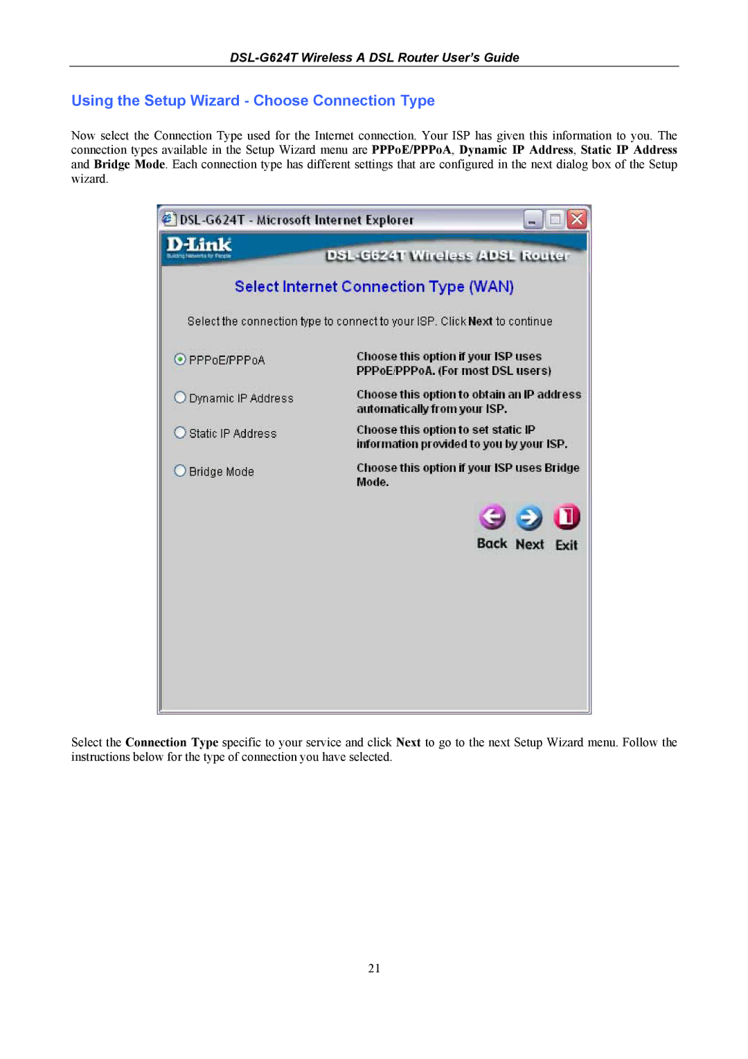 D-Link D-Link Wireless ADSL Router, DSL-G624T manual Using the Setup Wizard Choose Connection Type 