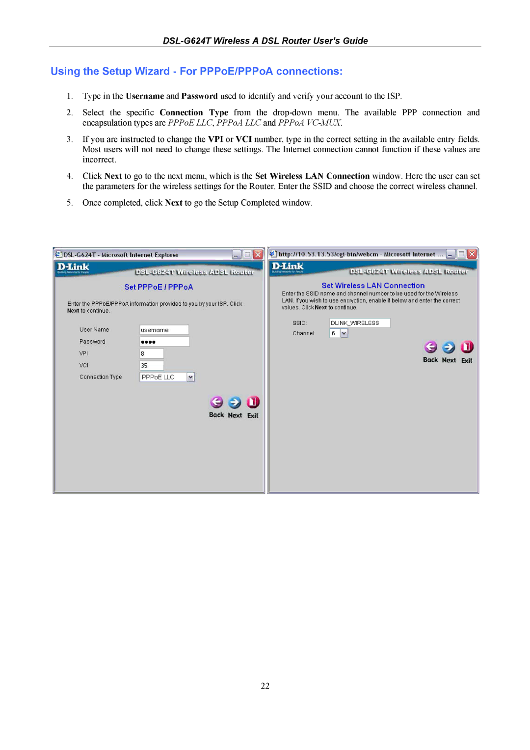 D-Link DSL-G624T, D-Link Wireless ADSL Router manual Using the Setup Wizard For PPPoE/PPPoA connections 