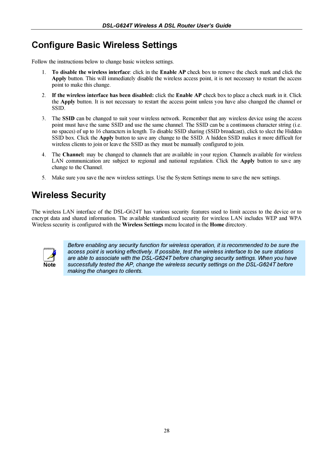 D-Link DSL-G624T, D-Link Wireless ADSL Router manual Configure Basic Wireless Settings, Wireless Security 