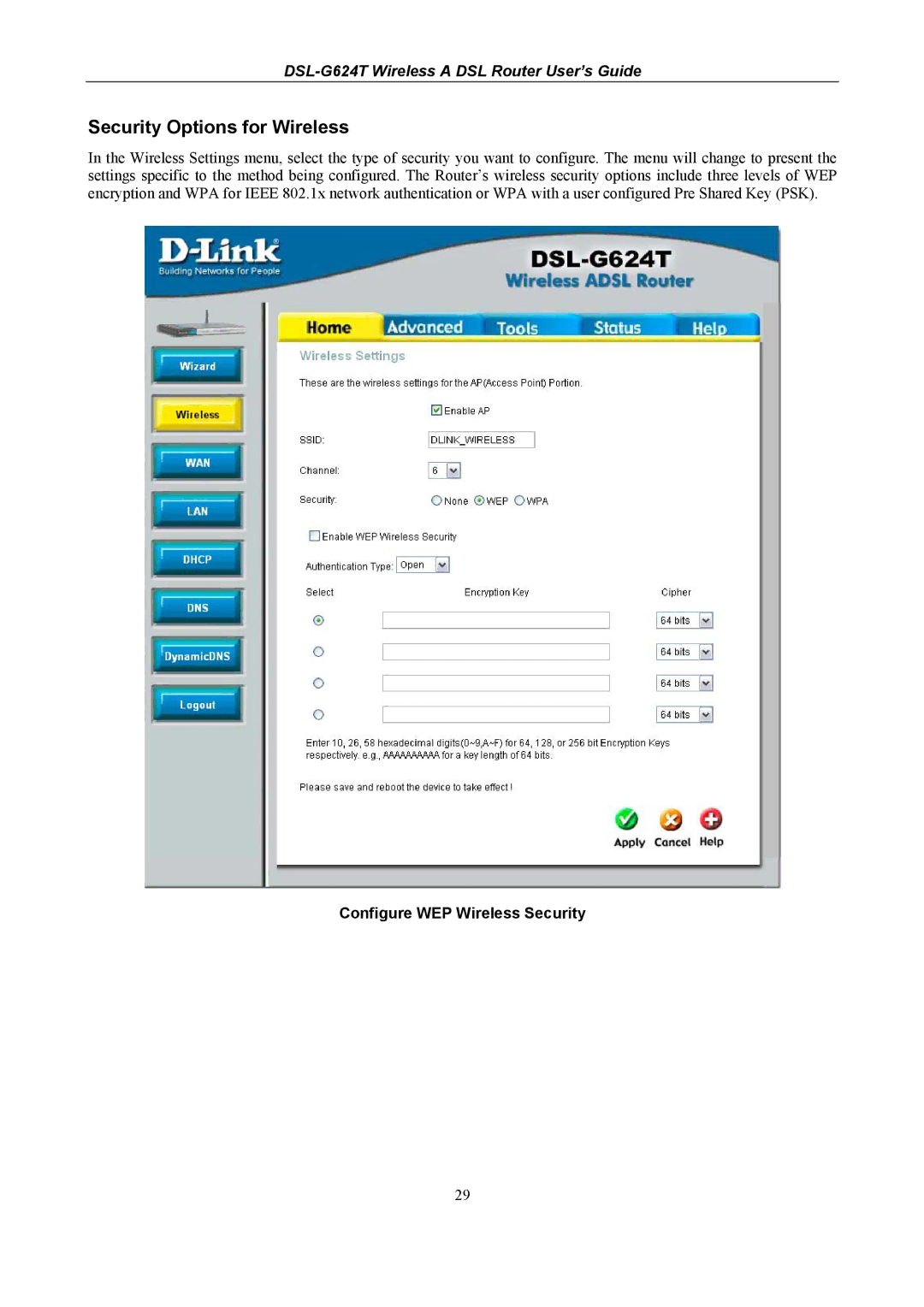 D-Link D-Link Wireless ADSL Router, DSL-G624T manual Security Options for Wireless, Configure WEP Wireless Security 