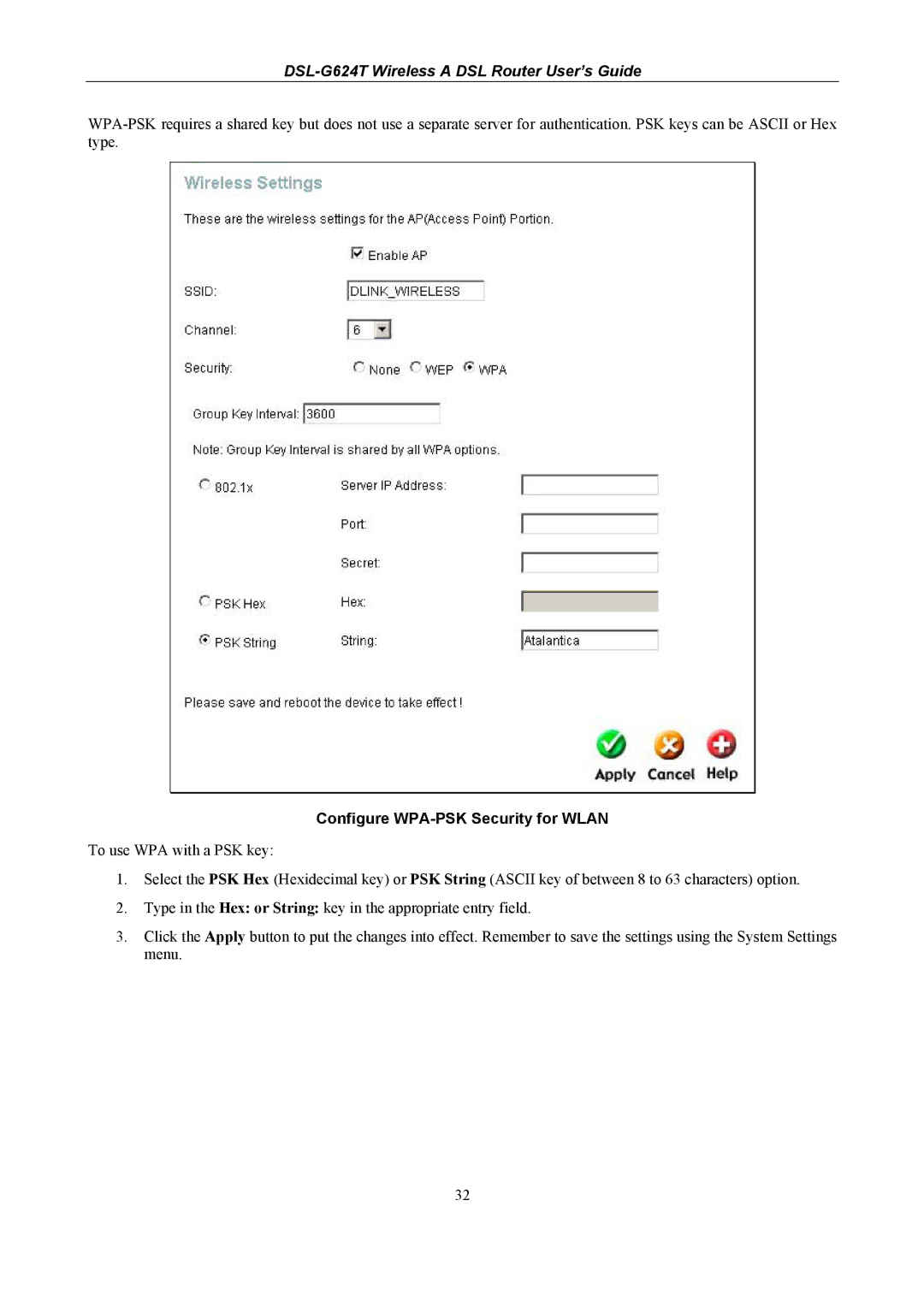 D-Link DSL-G624T, D-Link Wireless ADSL Router manual Configure WPA-PSK Security for Wlan 