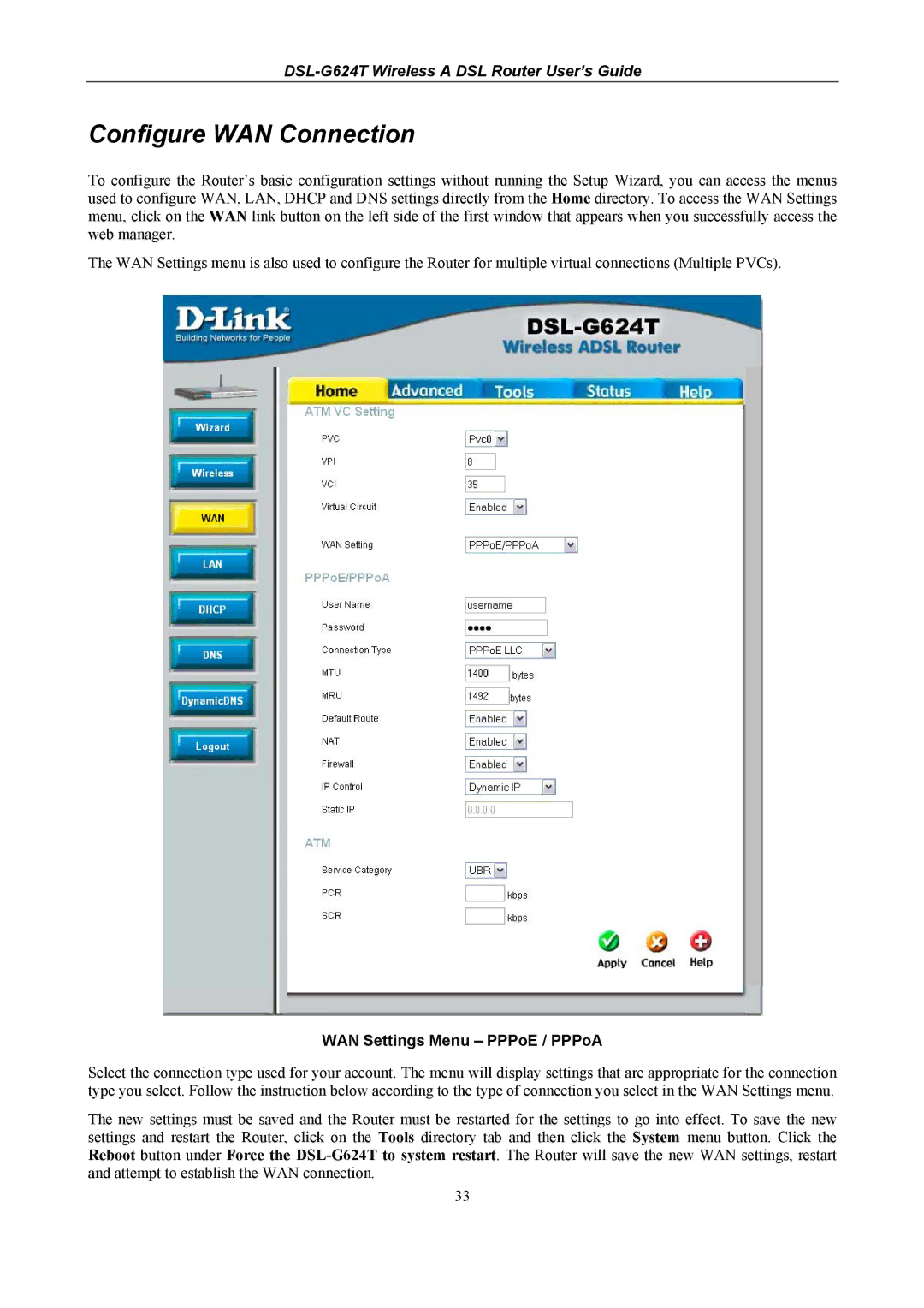 D-Link D-Link Wireless ADSL Router, DSL-G624T manual Configure WAN Connection, WAN Settings Menu PPPoE / PPPoA 