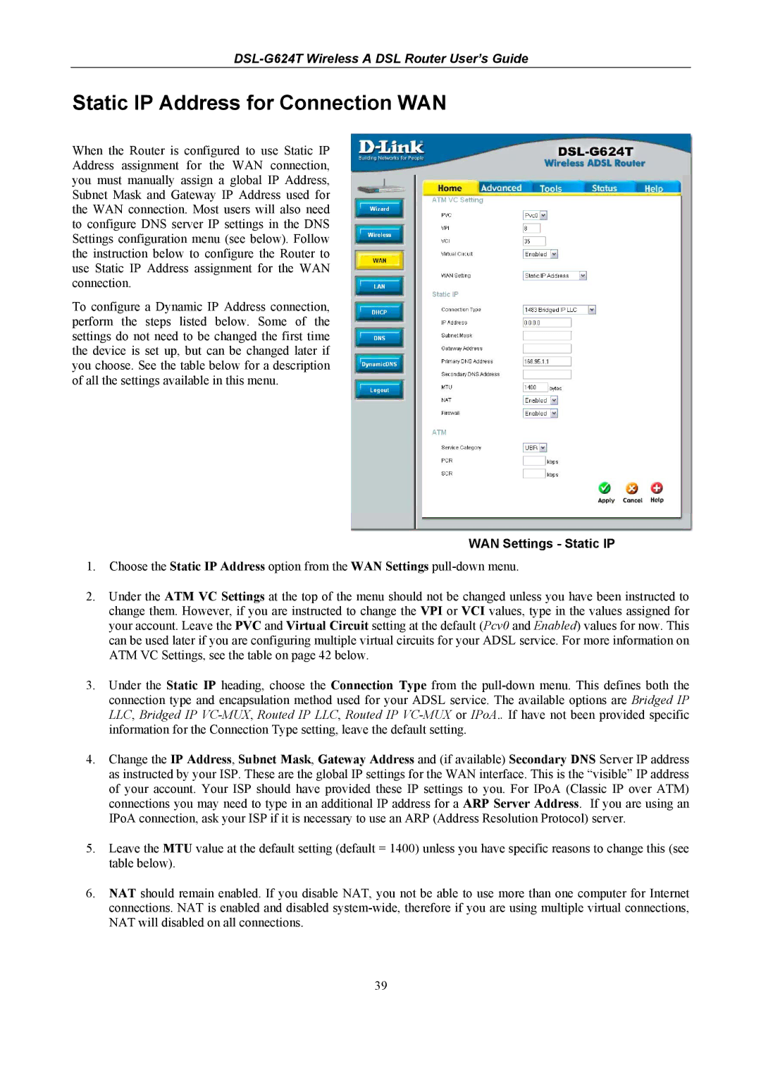 D-Link D-Link Wireless ADSL Router, DSL-G624T manual Static IP Address for Connection WAN, WAN Settings Static IP 