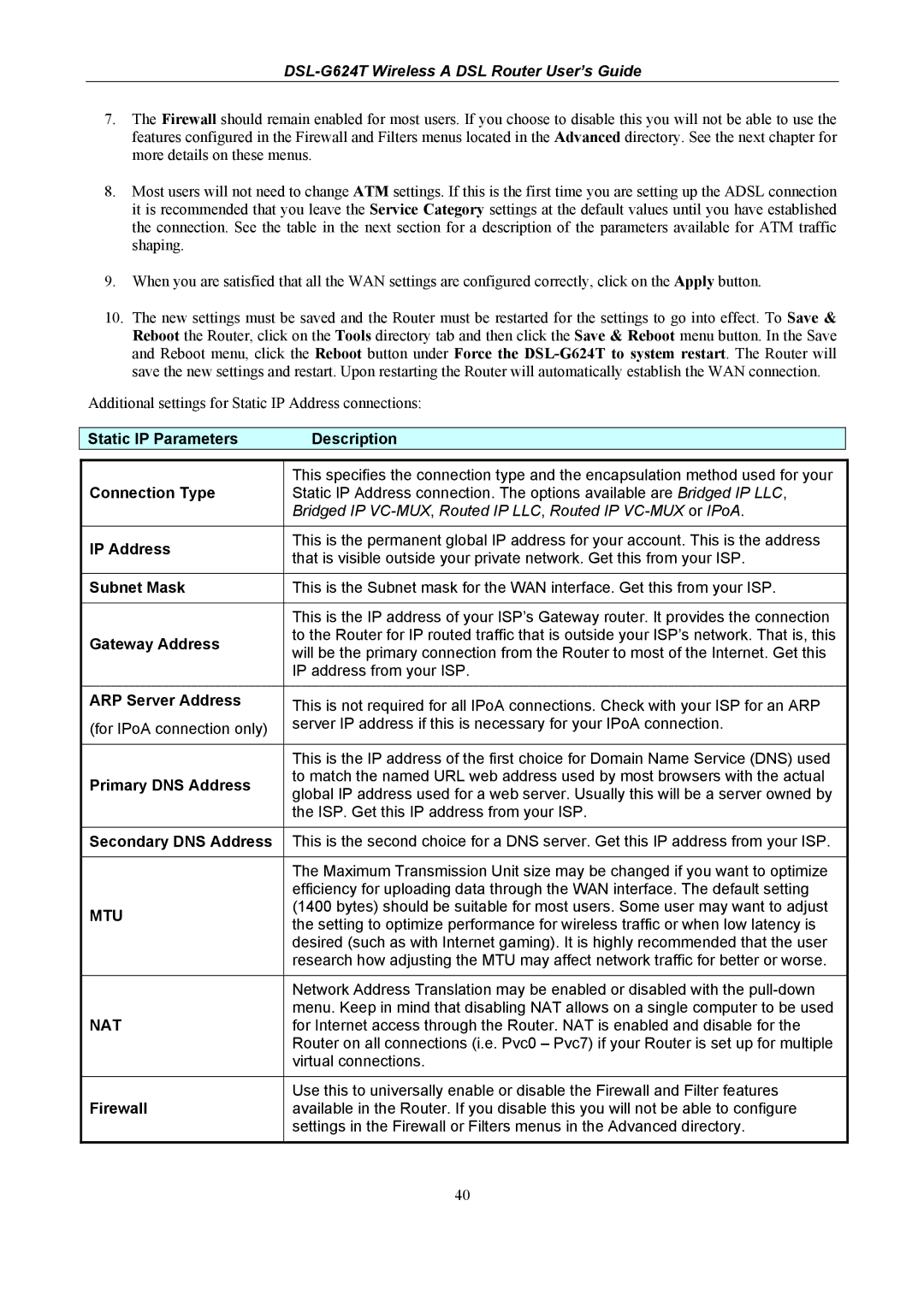 D-Link DSL-G624T manual Static IP Parameters Description, IP Address, Subnet Mask, Gateway Address, ARP Server Address 