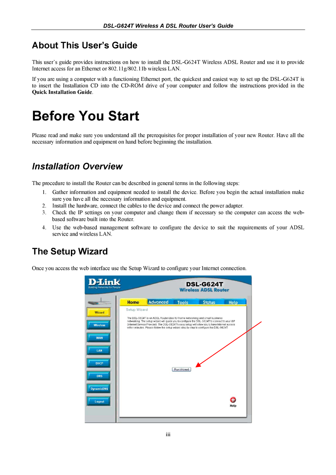 D-Link D-Link Wireless ADSL Router manual Before You Start, About This User’s Guide, Installation Overview, Setup Wizard 