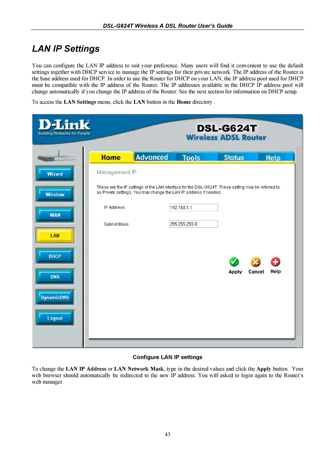 D-Link D-Link Wireless ADSL Router, DSL-G624T manual LAN IP Settings, Configure LAN IP settings 
