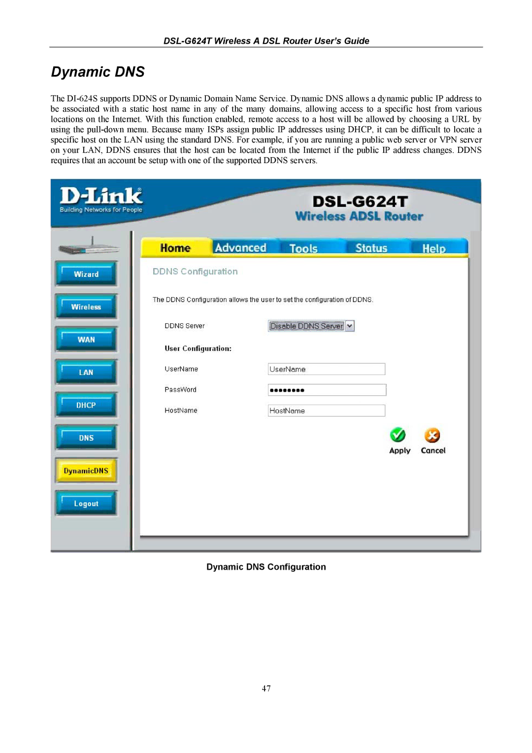 D-Link D-Link Wireless ADSL Router, DSL-G624T manual Dynamic DNS Configuration 