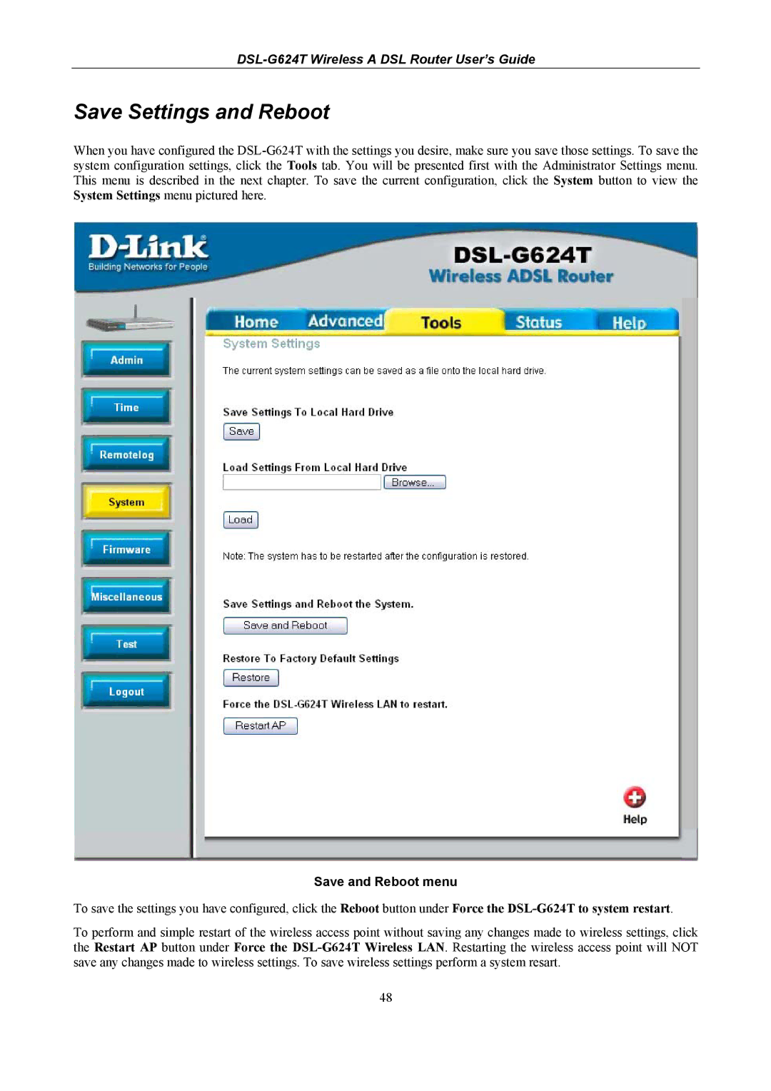 D-Link DSL-G624T, D-Link Wireless ADSL Router manual Save Settings and Reboot, Save and Reboot menu 