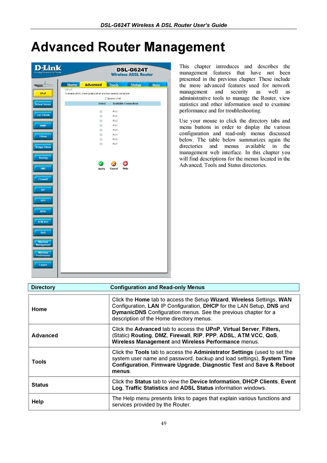 D-Link D-Link Wireless ADSL Router, DSL-G624T manual Advanced Router Management 