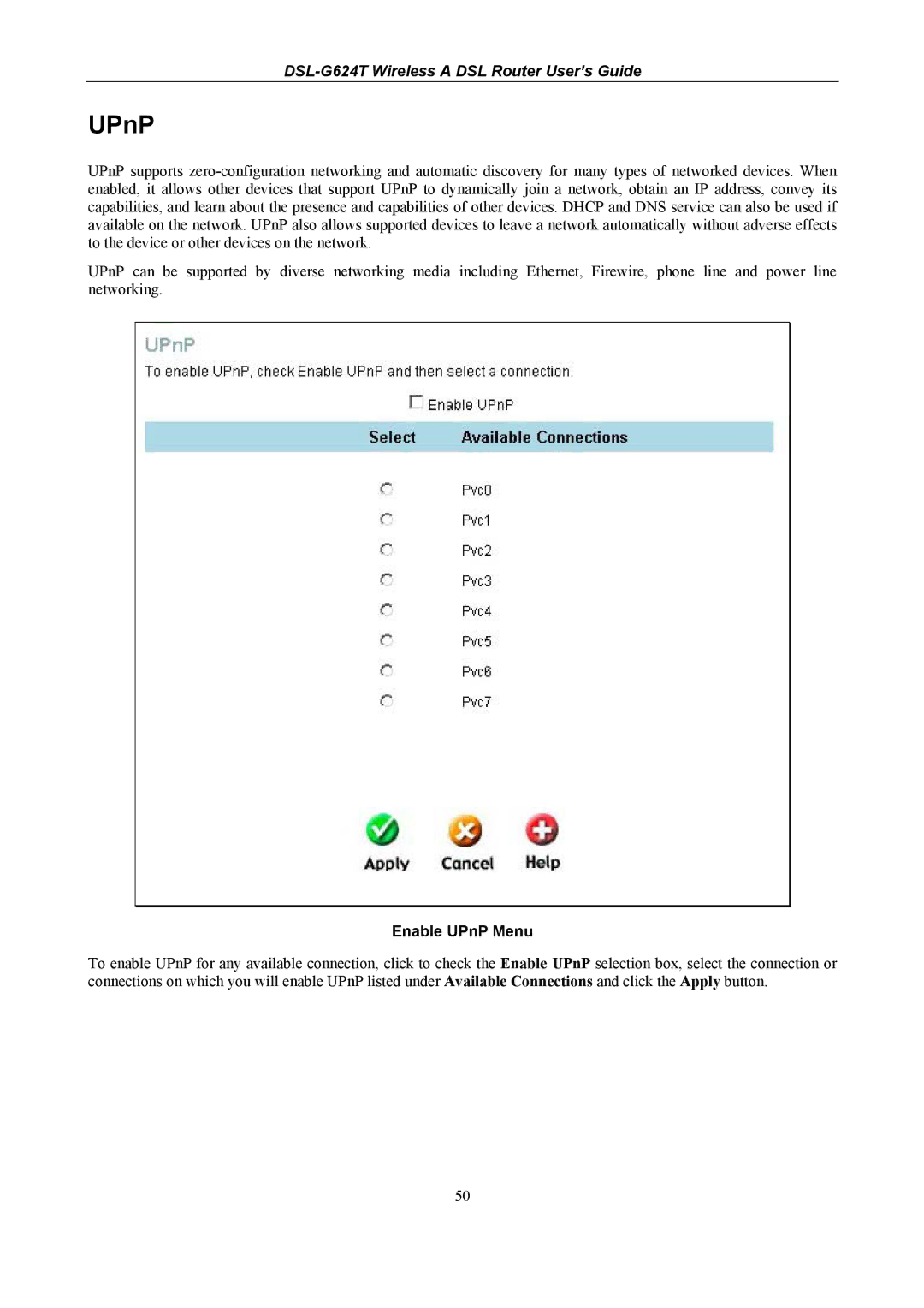 D-Link DSL-G624T, D-Link Wireless ADSL Router manual Enable UPnP Menu 