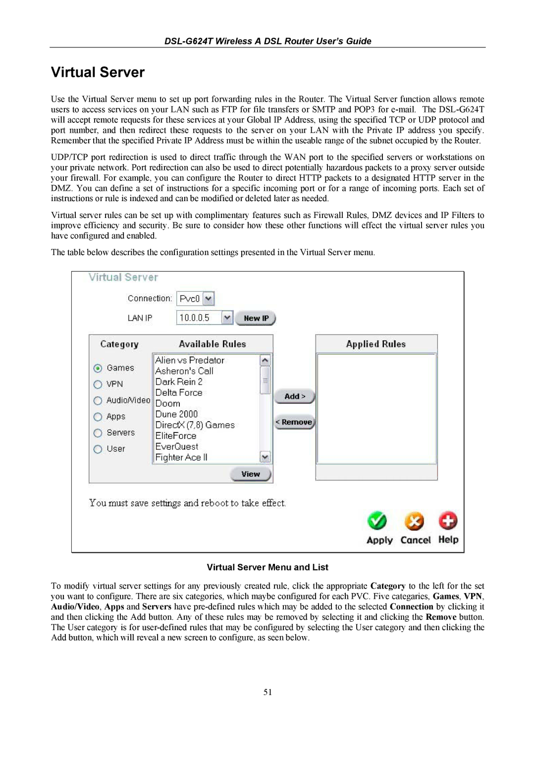 D-Link D-Link Wireless ADSL Router, DSL-G624T manual Virtual Server Menu and List 