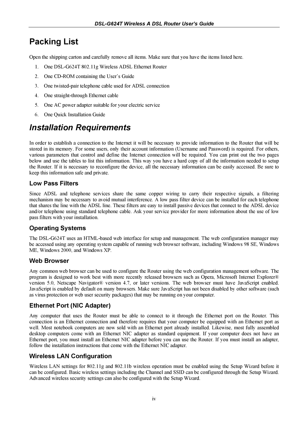 D-Link DSL-G624T, D-Link Wireless ADSL Router manual Packing List, Installation Requirements 