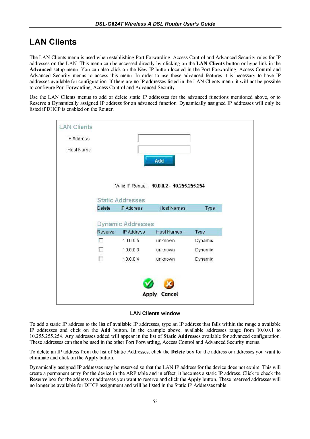 D-Link D-Link Wireless ADSL Router, DSL-G624T manual LAN Clients window 