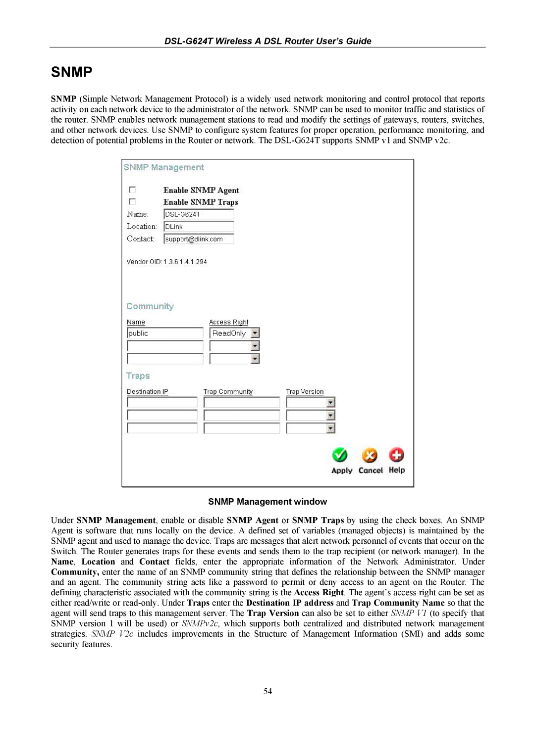 D-Link DSL-G624T, D-Link Wireless ADSL Router manual Snmp Management window 