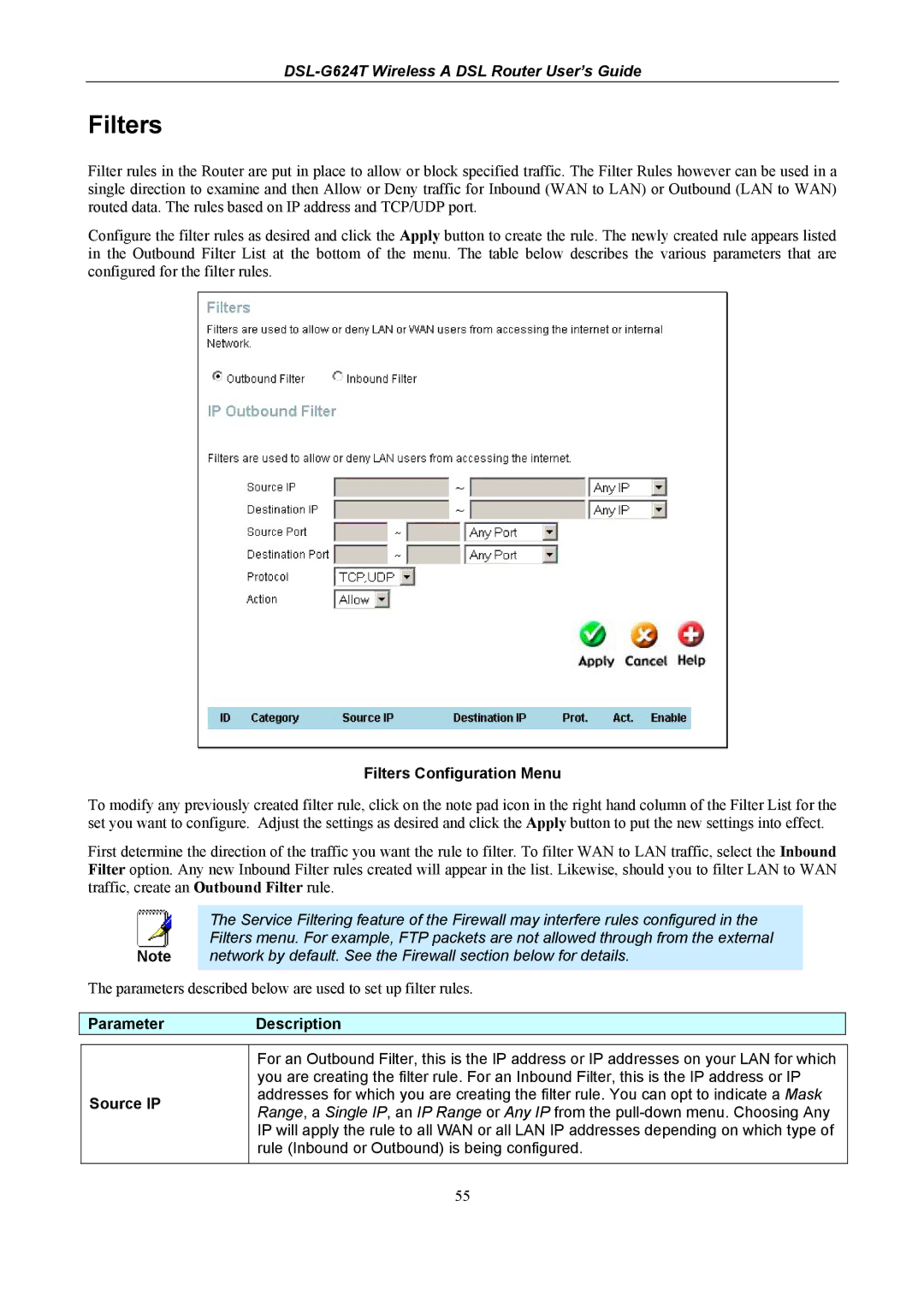 D-Link D-Link Wireless ADSL Router, DSL-G624T manual Filters Configuration Menu, Source IP 