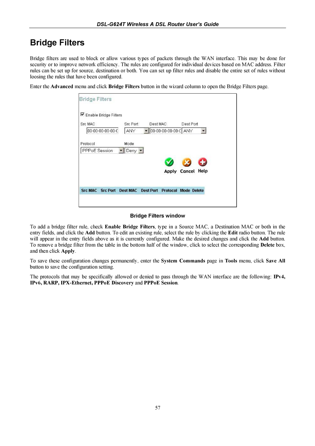 D-Link D-Link Wireless ADSL Router, DSL-G624T manual Bridge Filters window 