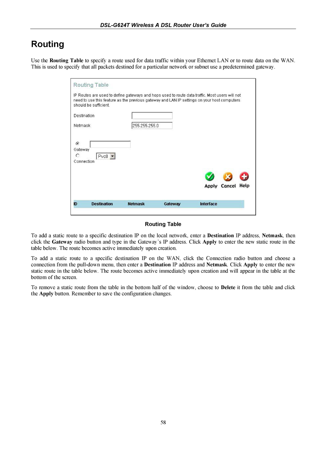 D-Link DSL-G624T, D-Link Wireless ADSL Router manual Routing Table 