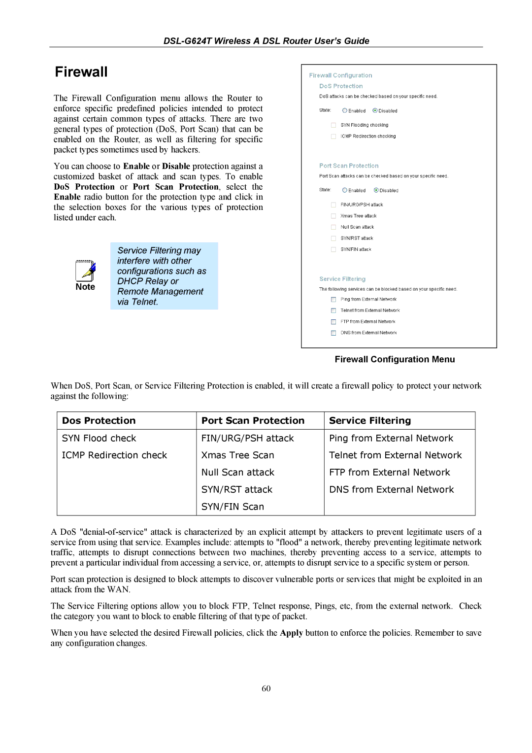 D-Link DSL-G624T, D-Link Wireless ADSL Router manual Firewall Configuration Menu 