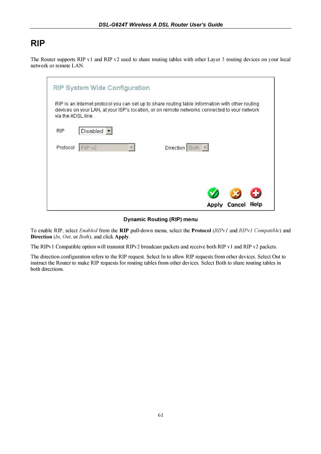 D-Link D-Link Wireless ADSL Router, DSL-G624T manual Rip, Dynamic Routing RIP menu 