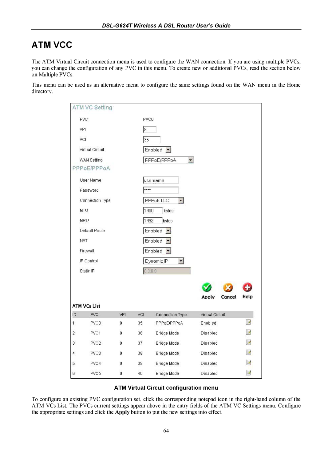 D-Link DSL-G624T, D-Link Wireless ADSL Router manual Atm Vcc, ATM Virtual Circuit configuration menu 