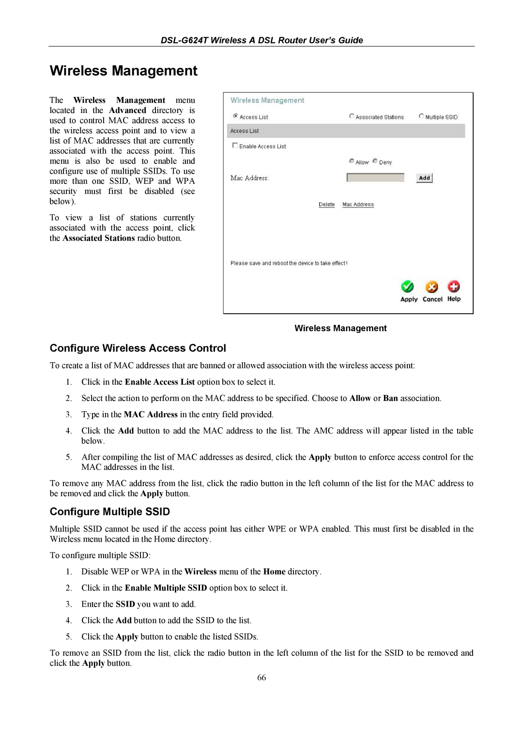 D-Link DSL-G624T manual Wireless Management, Configure Wireless Access Control, Configure Multiple Ssid 